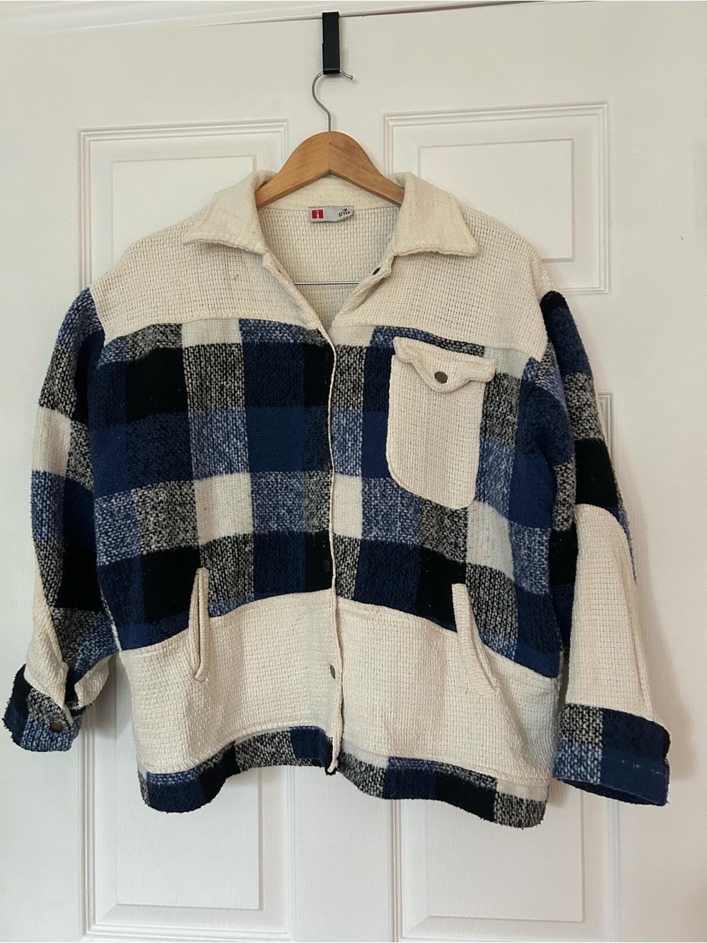 Plaid Knit Jacket in Cream and Navy